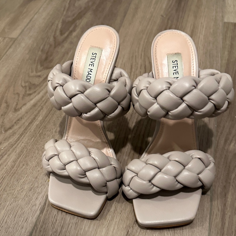 Steve Madden Braided Double Strap Heeled Sandals — Beige Taupe